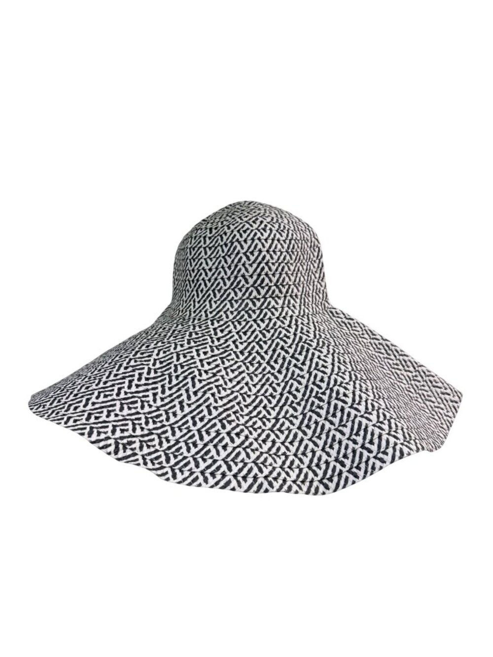 Wide Brim Black & White Cotton Womens Summer Sun Hat With Geometric Print